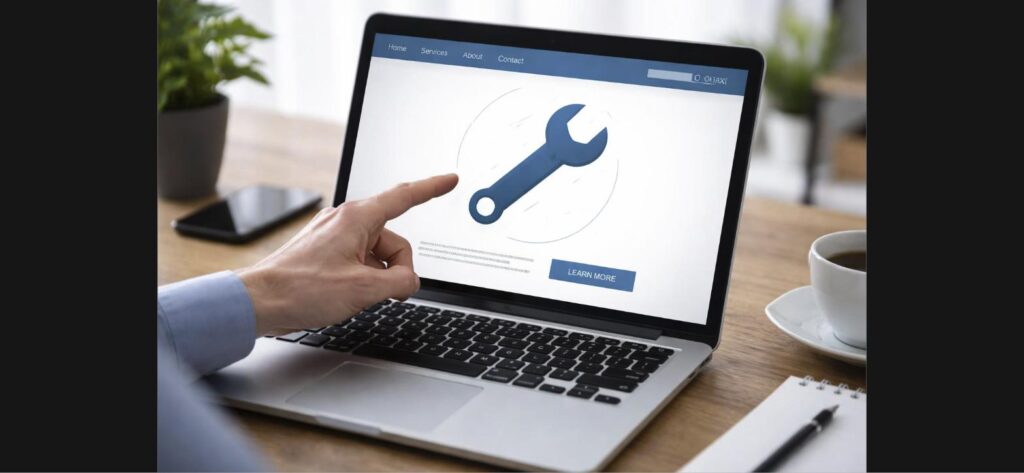 Laptop displaying a website with a wrench icon, representing a website care plan