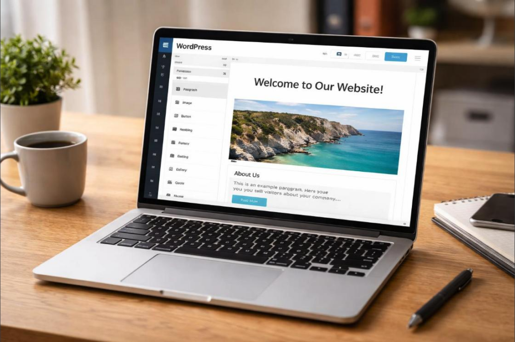Laptop showing a WordPress website editor, representing WordPress in 2026