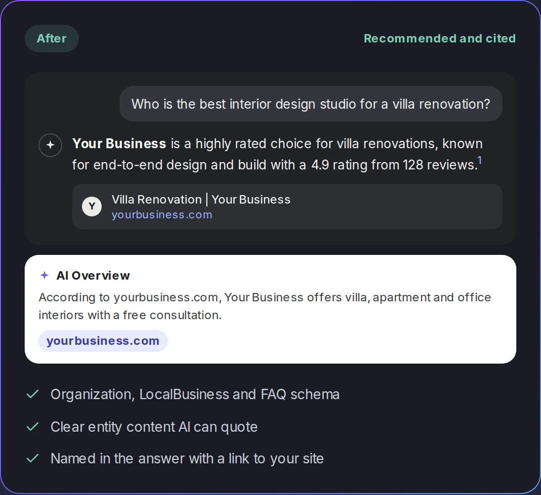 AI assistant answer after optimization: business recommended by name with a link
