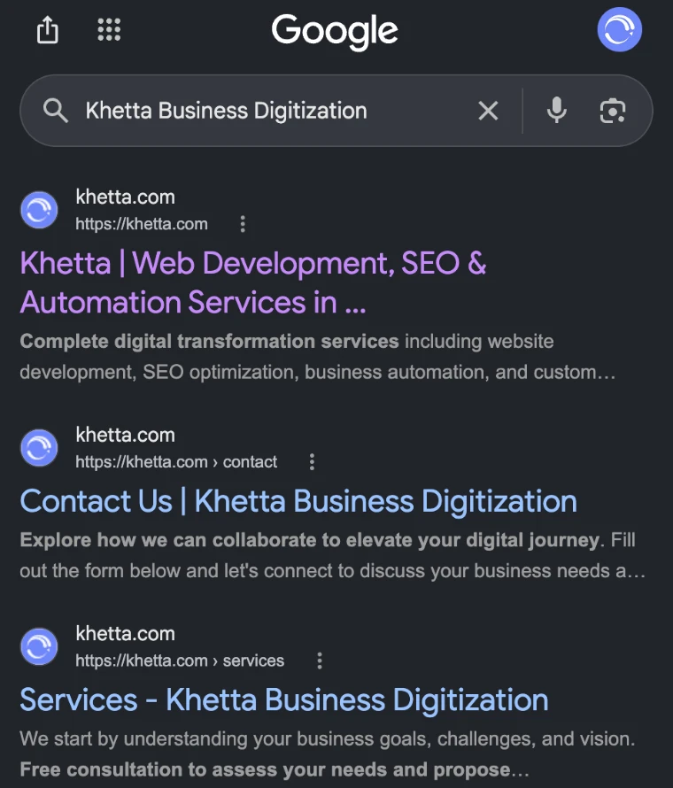 Google search results for Khetta Business Digitization GEO & SEO Services