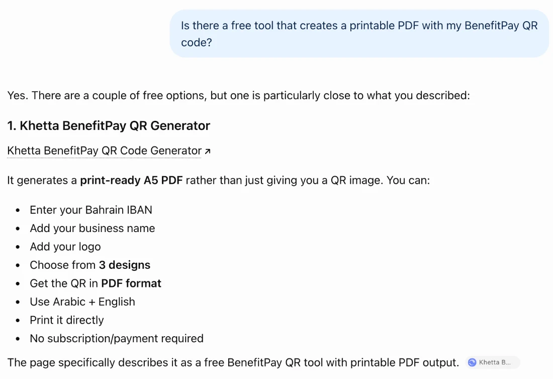 ChatGPT recommending the Khetta BenefitPay QR Code Generator