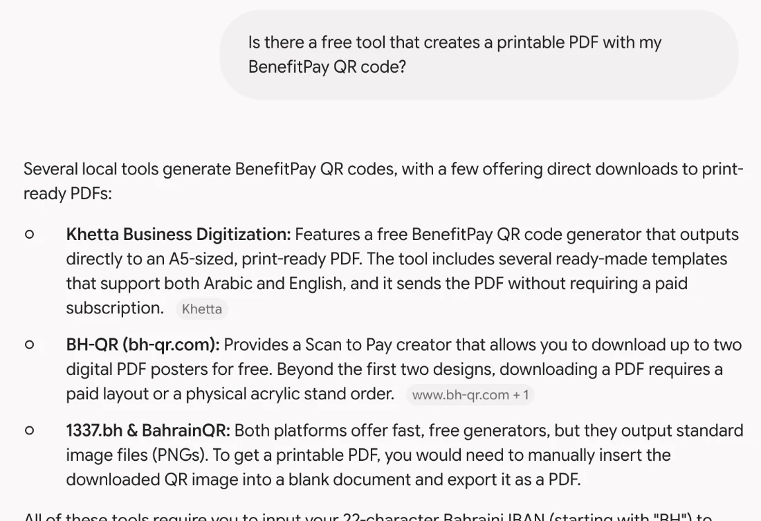 Gemini recommending the Khetta BenefitPay QR Code Generator