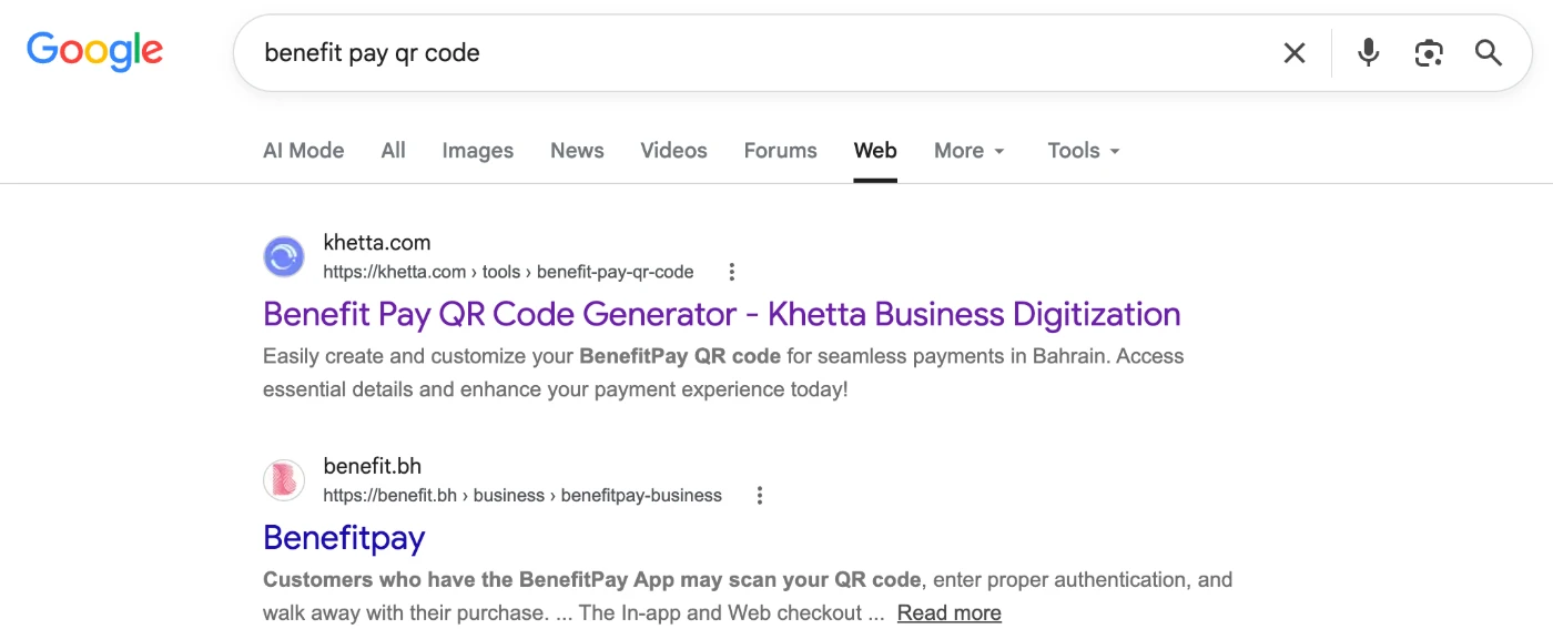Khetta BenefitPay QR Code Generator ranking number one on Google for benefit pay qr code