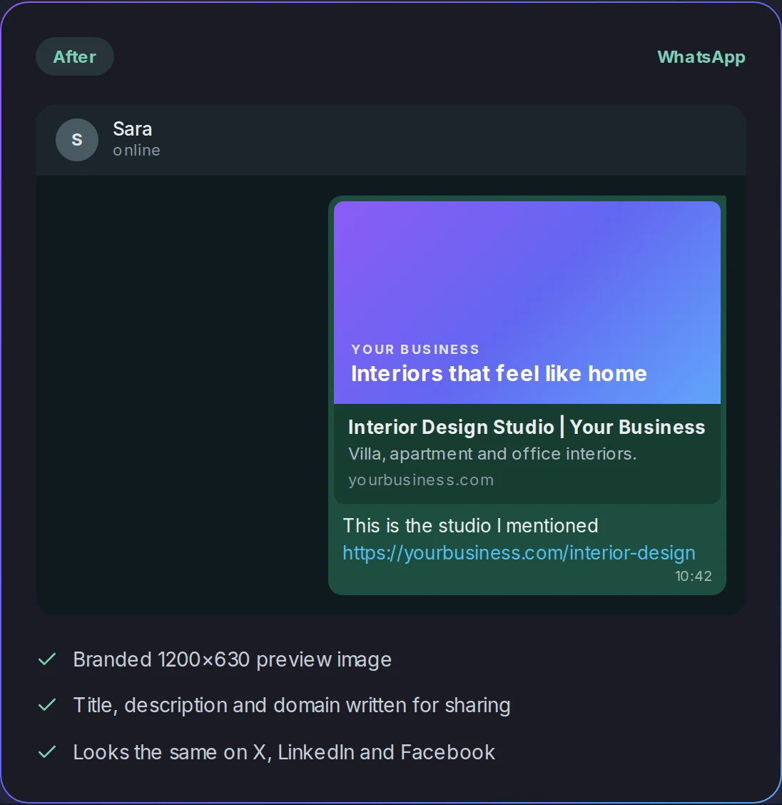 WhatsApp link shared after optimization: branded preview image, title and description