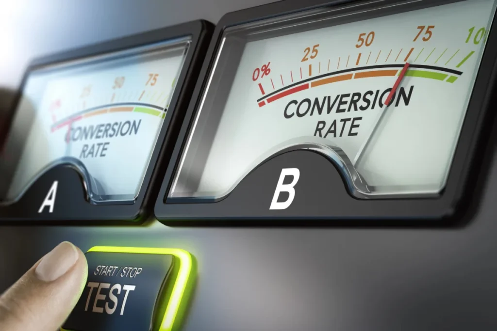 A/B testing UI - two conversion rate gauges labelled A and B beside a start and stop test button