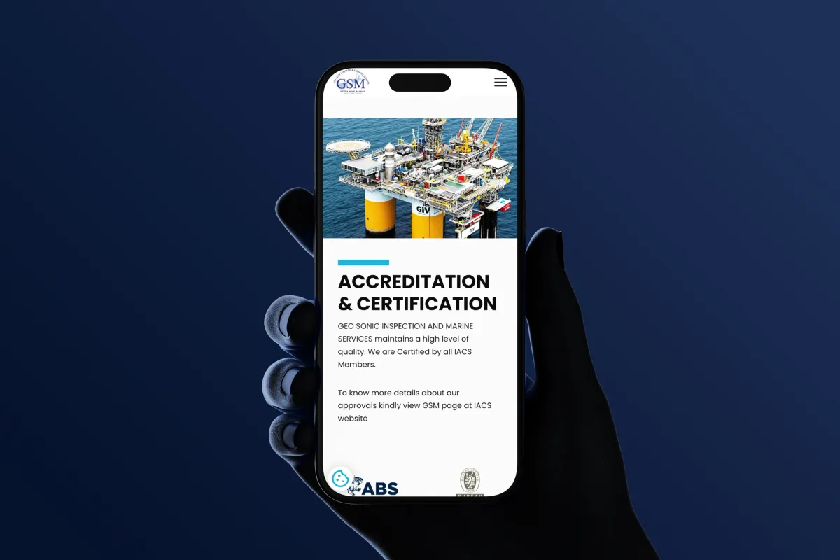GEO Sonic responsive website design on a mobile phone showing the accreditation and certification page