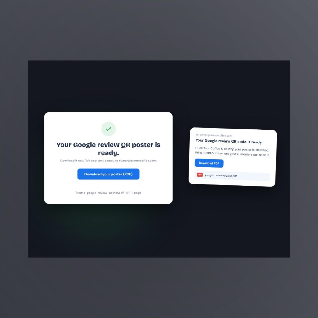 Download confirmation and email for the Google review QR poster