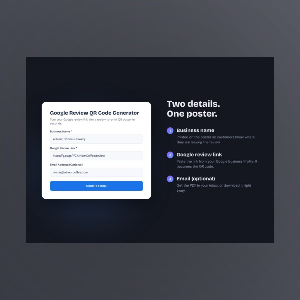Google Review QR Code Generator form with business name, Google review link and email fields