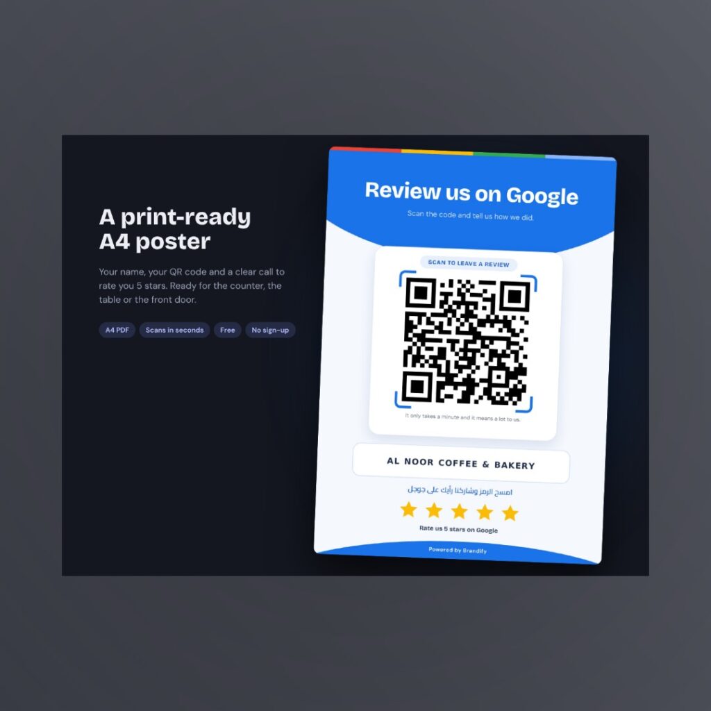 Print-ready A4 Google review poster with QR code, business name and five stars