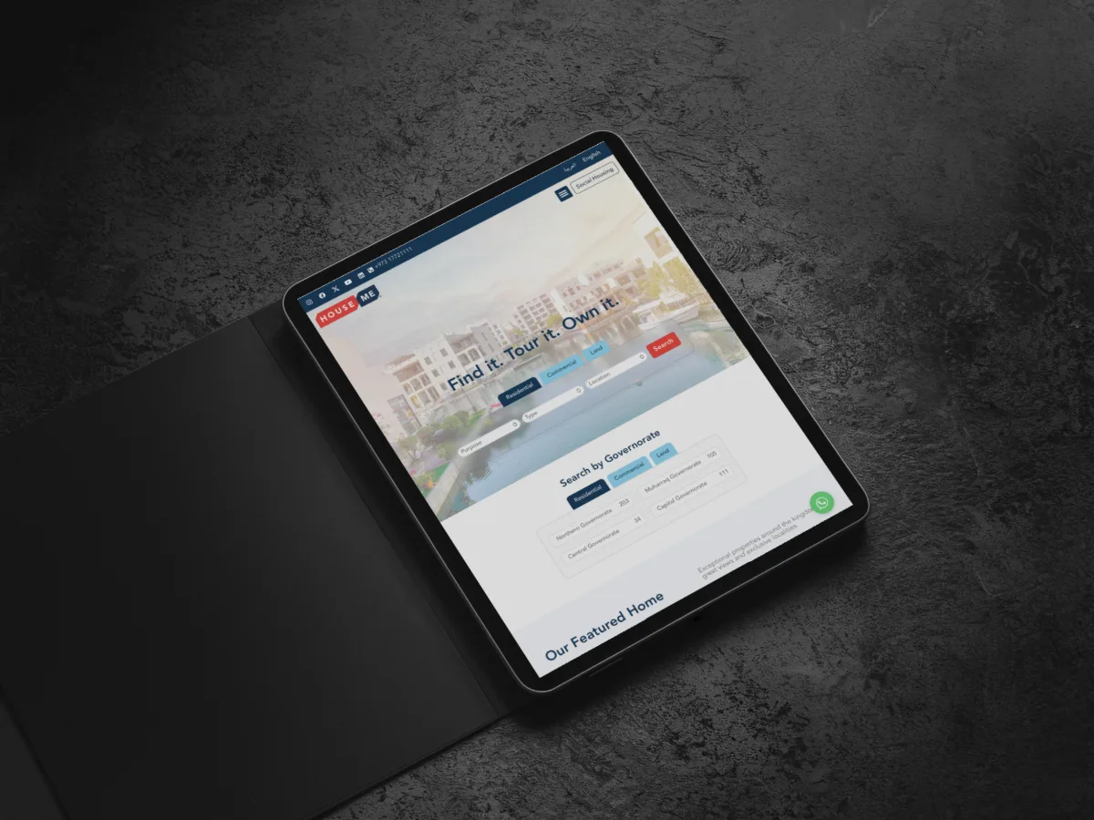 House Me Bahrain real estate website design shown on a tablet mockup