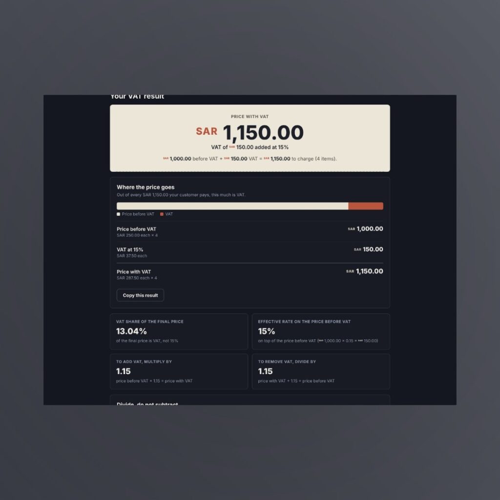 VAT added to a price before VAT in Saudi Arabia at 15 percent